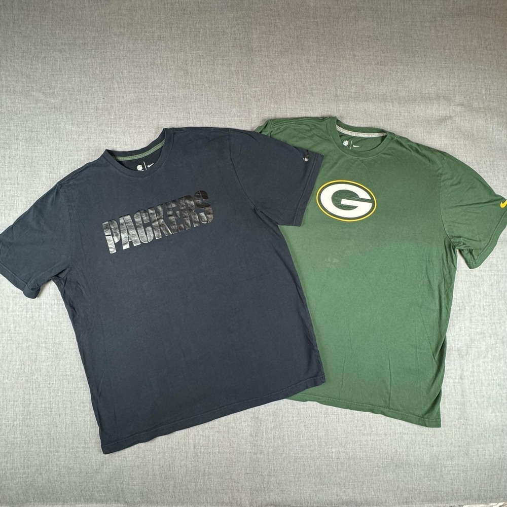 2 Green Bay Packers Shirt Mens 2XL Green Black NFL Football Tee Shirt Lot Nike